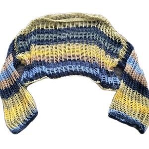 Women's Boho Striped Multicolor Open-Knit Short Sweater Sz L